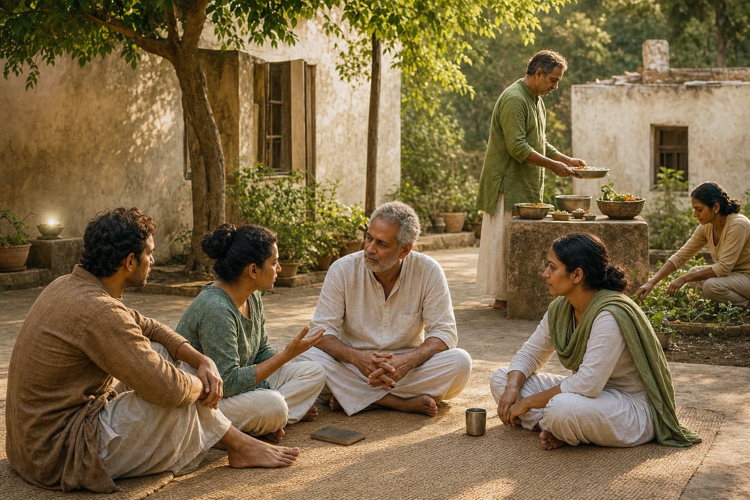 A plainly dressed teacher listens to students at ground level while members of the courtyard community share food and tend a garden.