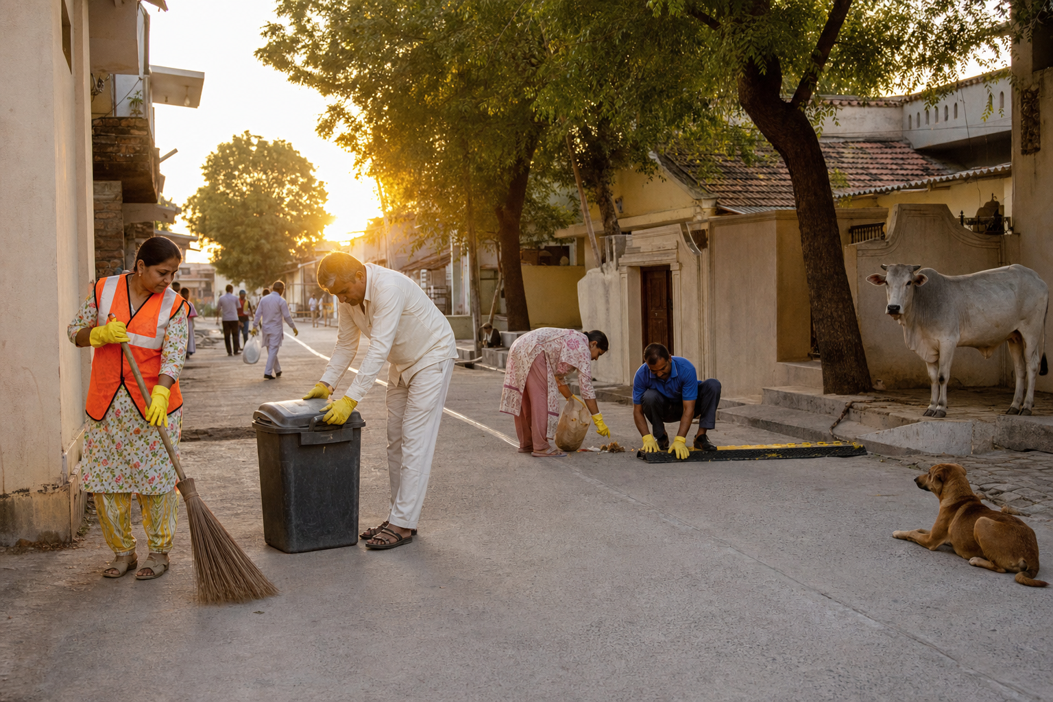 Volunteers remove litter, food scraps, and temporary equipment from a village lane after a procession.
