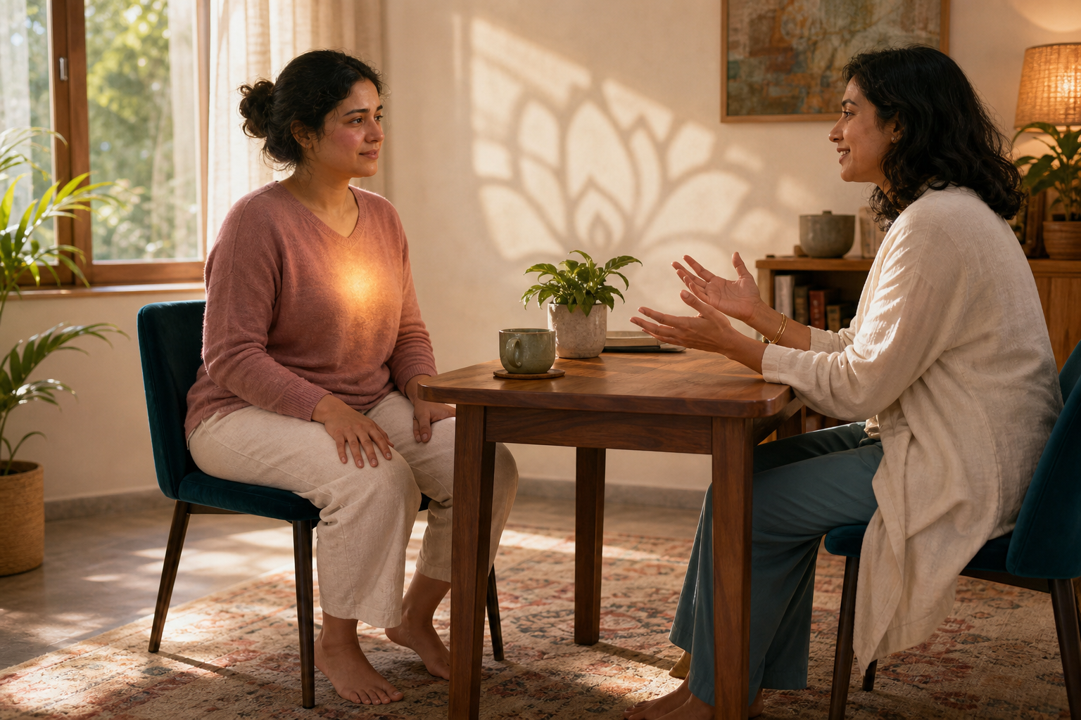 A person with flushed cheeks keeps their feet grounded and listens to a companion across a table in a softly lit room.