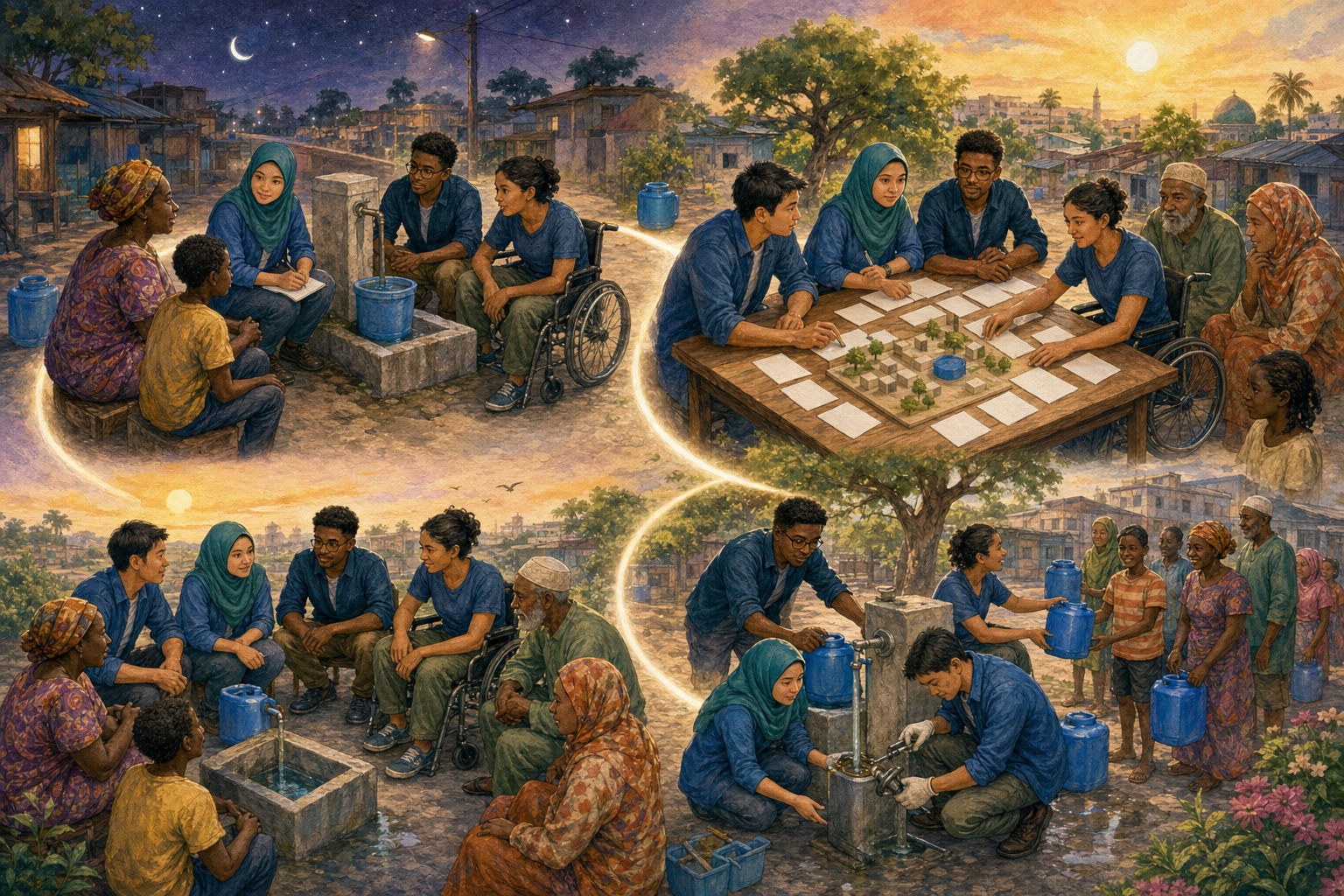 Four connected scenes show a community team listening to residents, planning, repairing a water point, and reviewing the result.