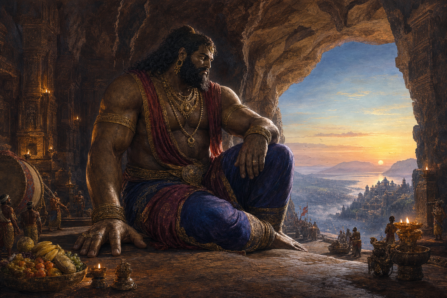 Kumbhakarna sits awake at the entrance of a vast stone chamber while dawn breaks over distant Lanka and attendants stand behind him.