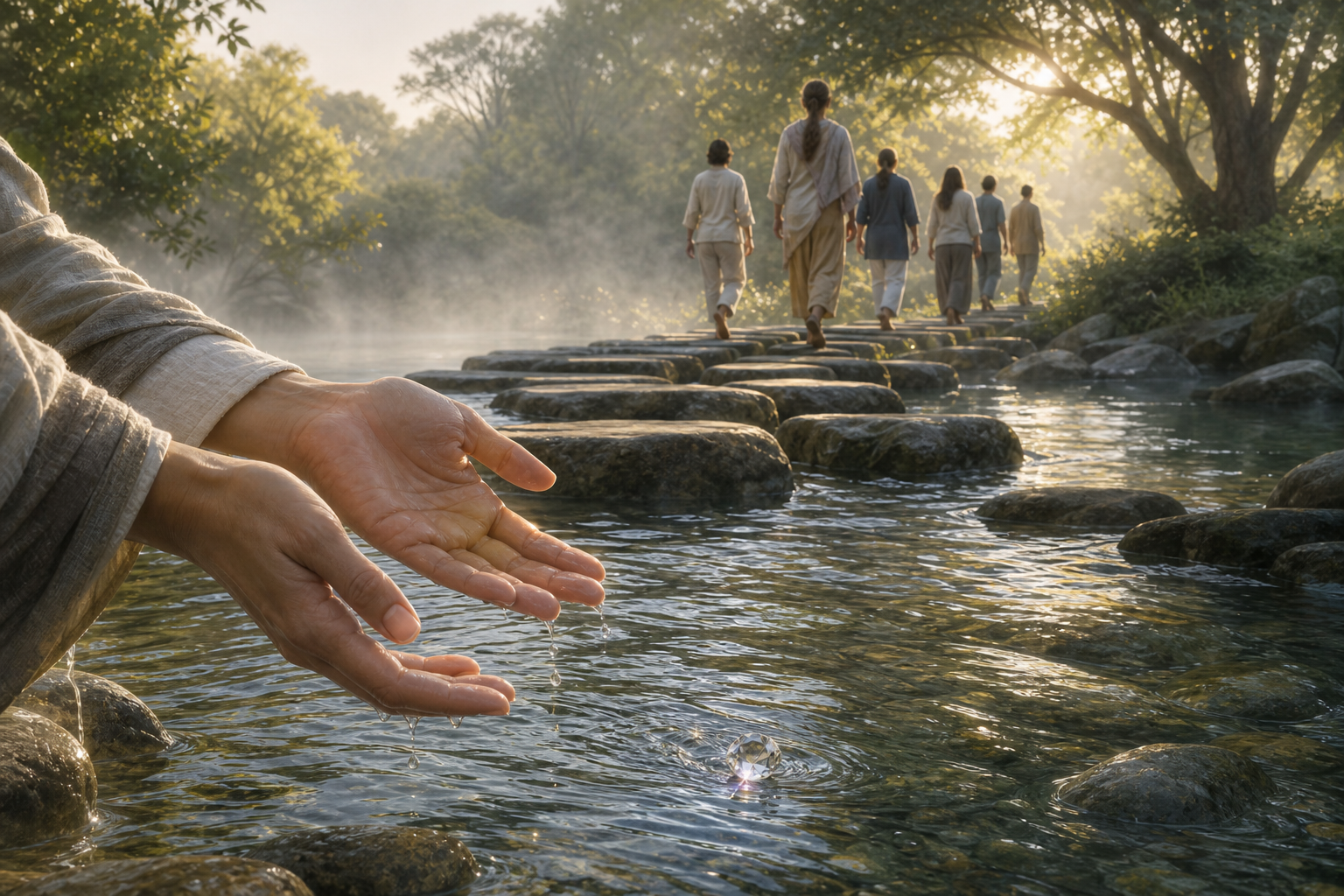 Open hands release a bright jewel into a clear stream as several people cross stepping stones toward a sunlit grove.