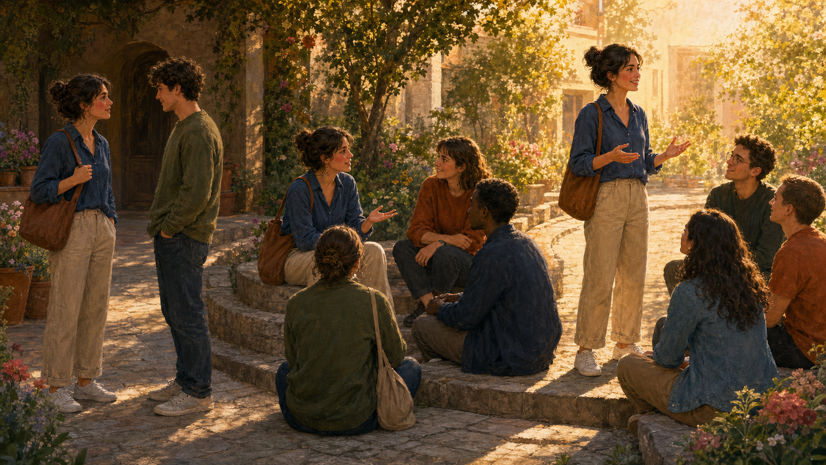 A naturally flushed adult progresses from a brief greeting to joining a small group and speaking to attentive listeners in a sunlit courtyard.