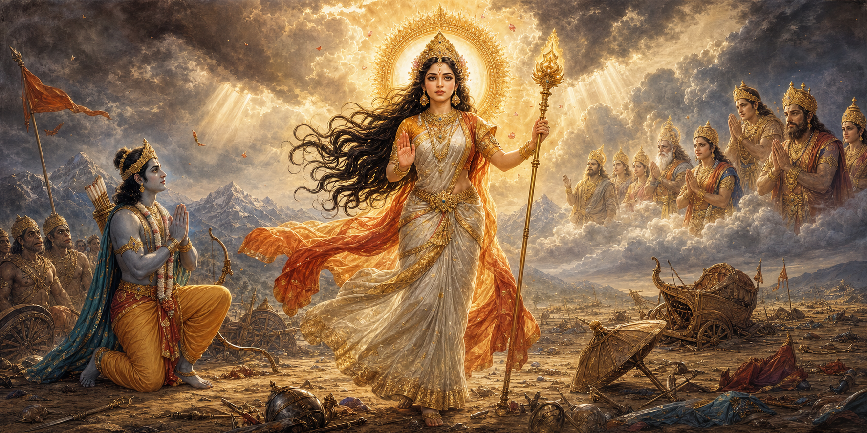 Janaki stands radiant and resolute on a mythic battlefield as Rama and celestial figures witness her divine power.