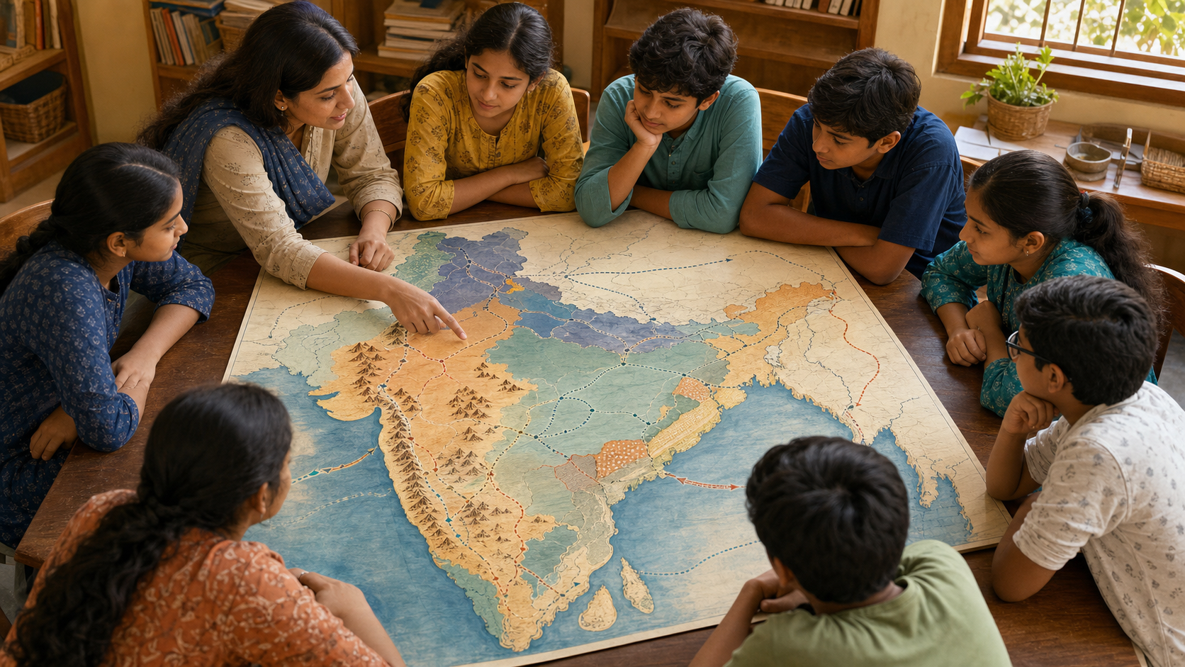 A teacher and Class 8 students study a layered historical map of the Indian subcontinent showing terrain, forts and routes from western India.