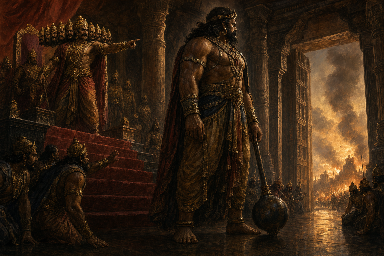 Ravana gestures urgently from a palace dais toward a smoky battlefield while the much larger Kumbhakarna stands still and considers the command.