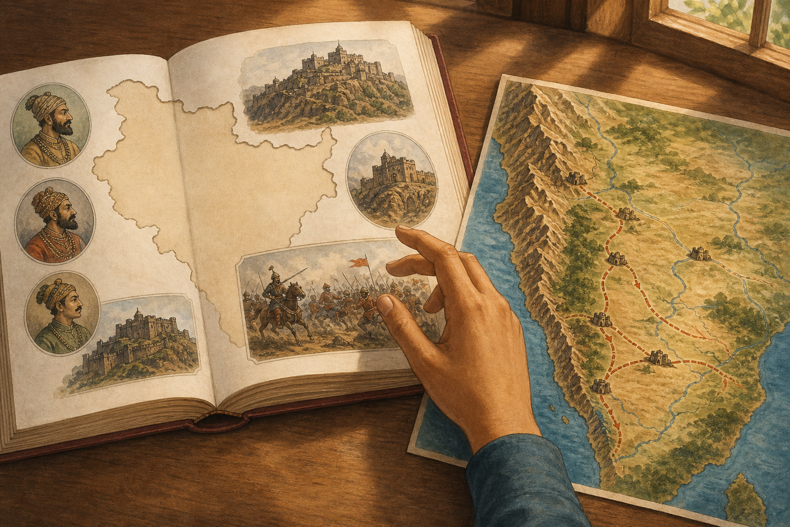 An open history textbook with disconnected portraits and battle scenes sits beside a terrain map marked with forts and travel routes.