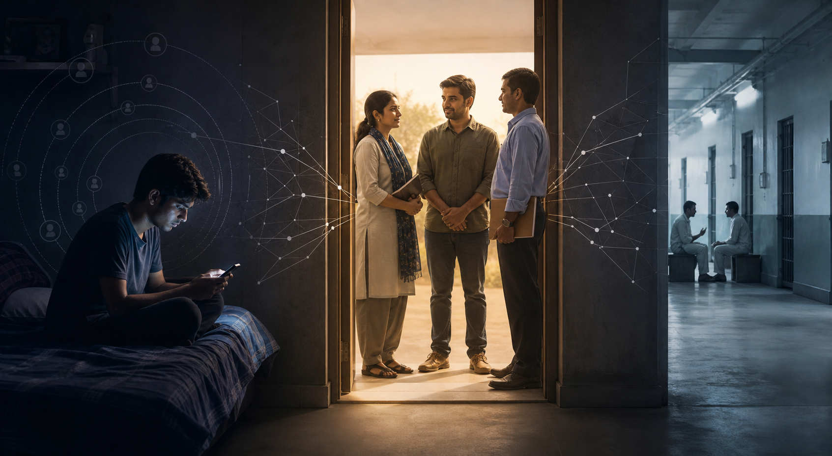Editorial illustration linking a young adult in a closed online circle with inmates in a prison corridor, while counsellors and corrections staff stand near an open doorway.