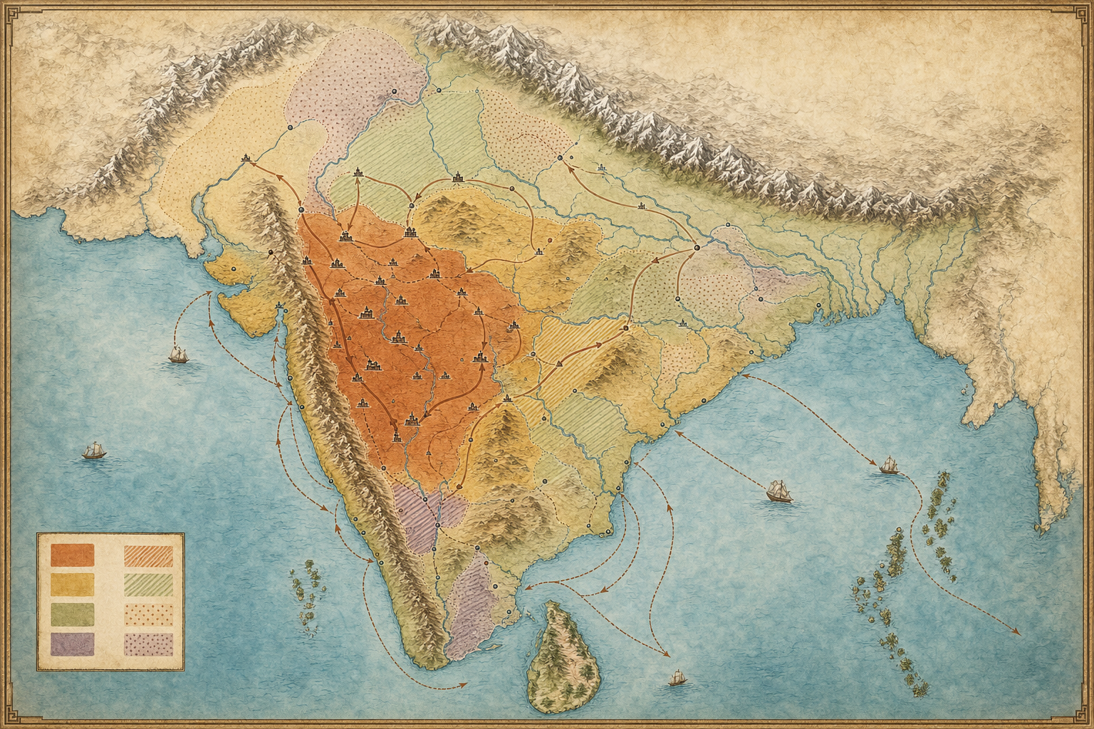 A historical map of the Indian subcontinent uses solid, patterned and translucent regions to distinguish different forms of Maratha reach.