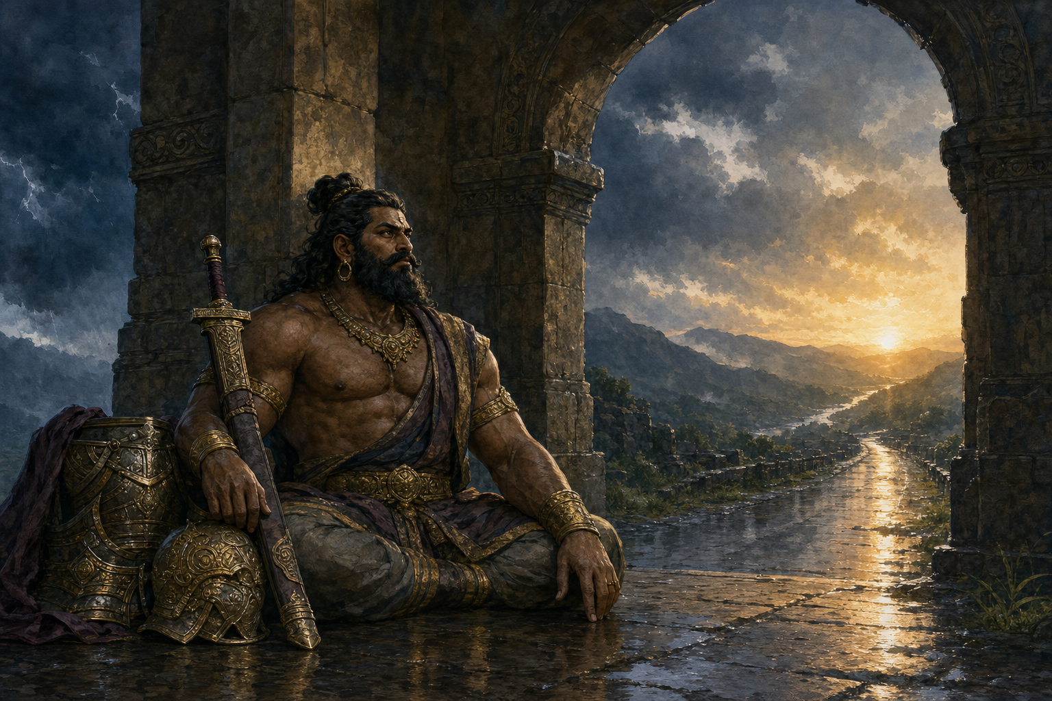 An armored guardian waits calmly beneath a stone gateway beside a sheathed sword as sunrise reaches a wet road after a storm.