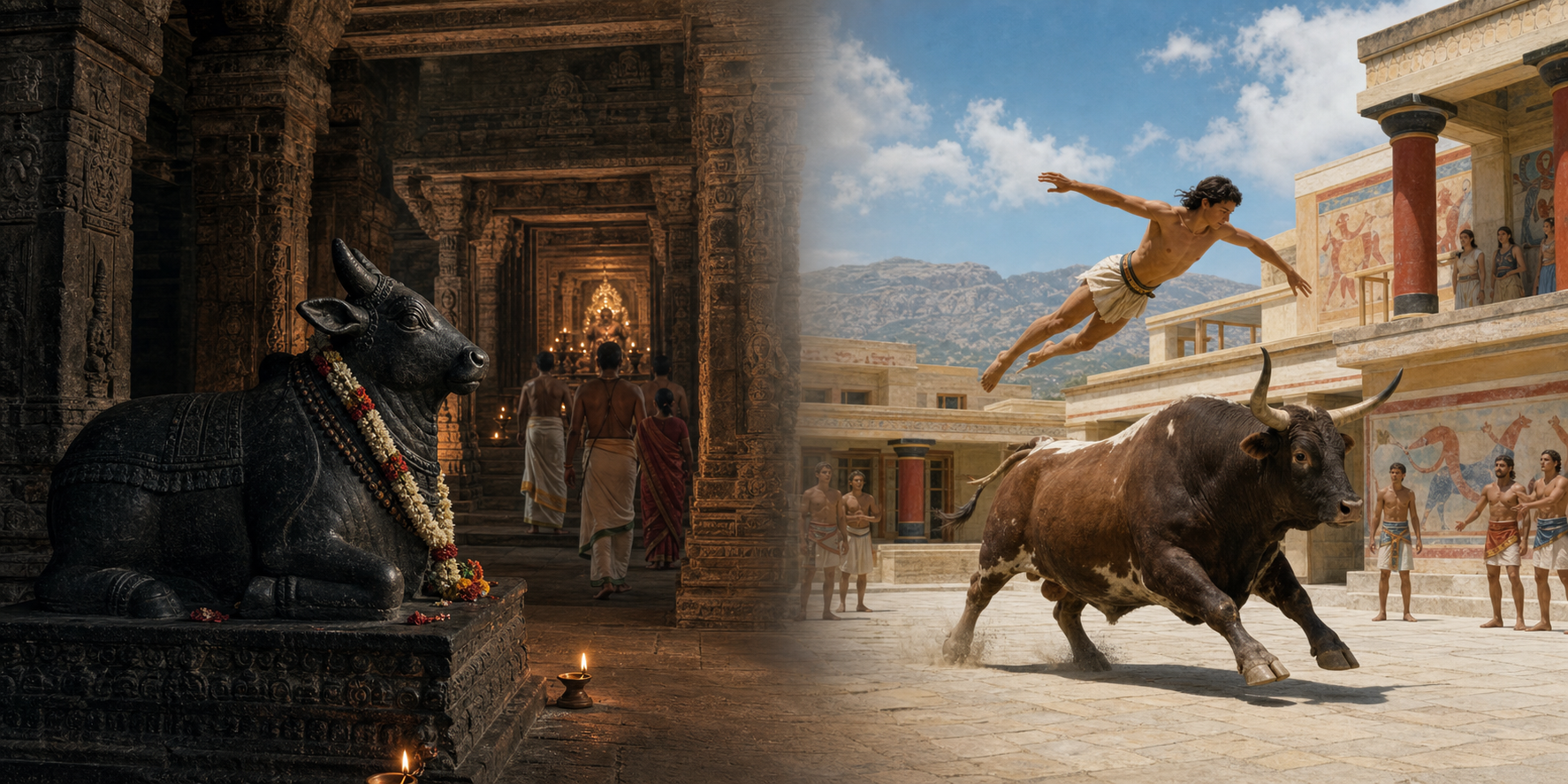 Comparative illustration of a seated stone Nandi in a lamp-lit Shiva temple beside a Minoan bull and airborne acrobat in a sunlit Cretan courtyard.