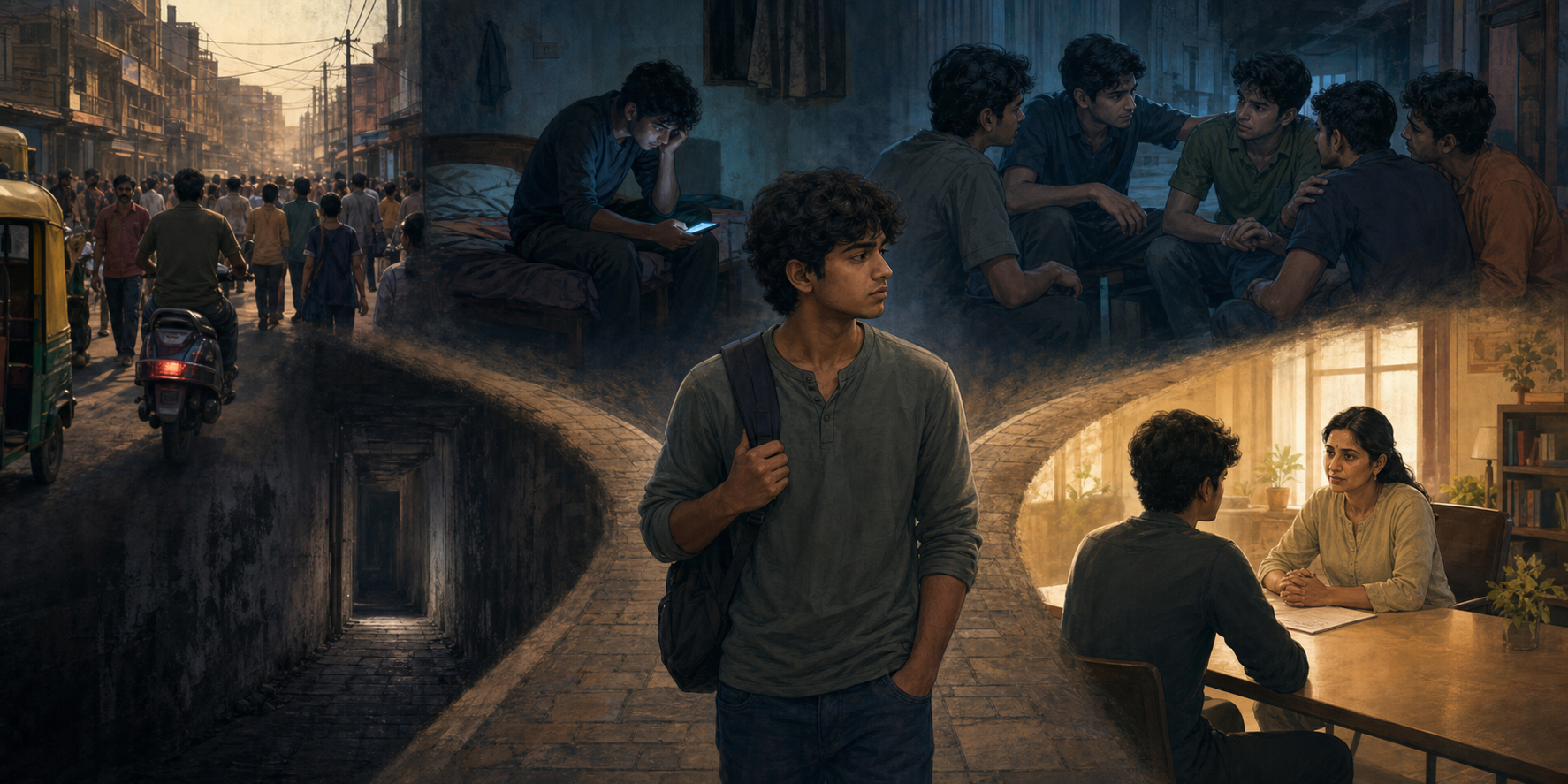 A young Indian adult stands between a dark narrowing passage and a well-lit counselling room, with scenes of isolation and peer influence behind them.