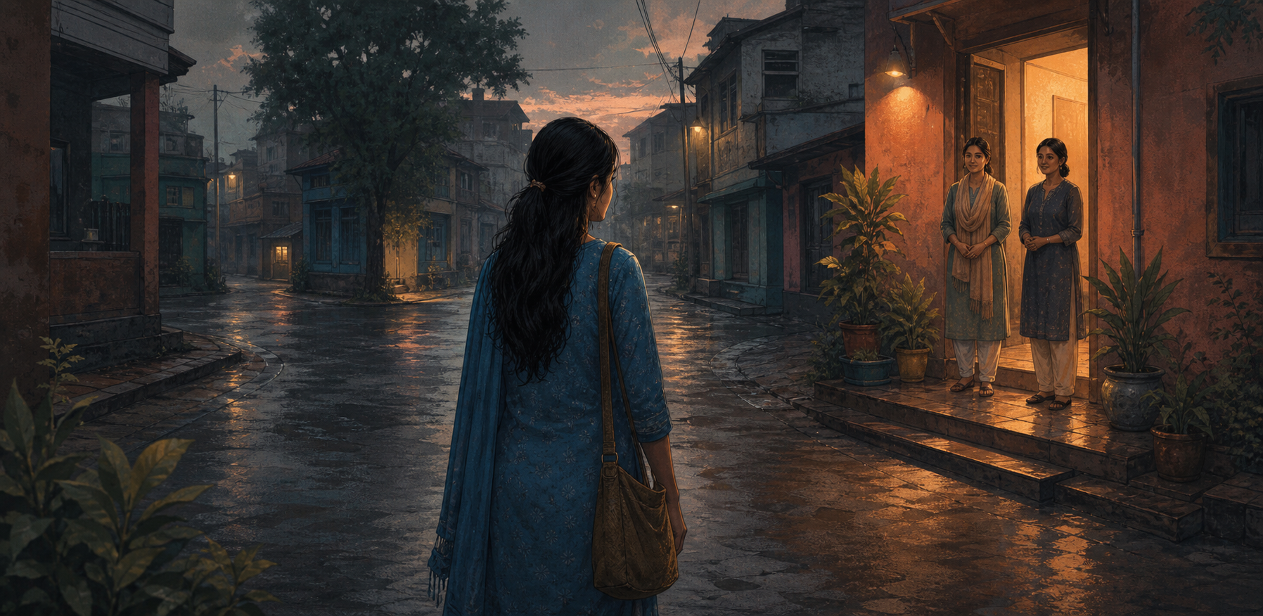 Editorial illustration of a young South Asian woman at a crossroads, looking toward a warmly lit assistance center where two support workers are waiting.