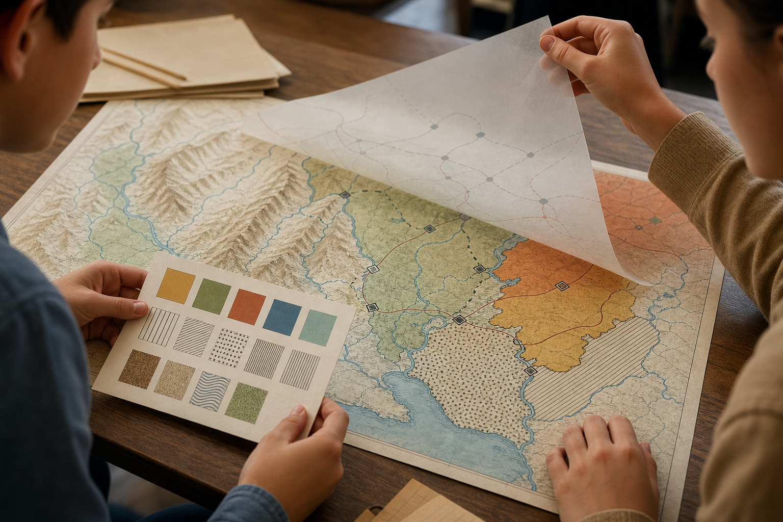 Two students match pattern swatches to an unlabeled historical map while lifting a transparent geographic overlay.