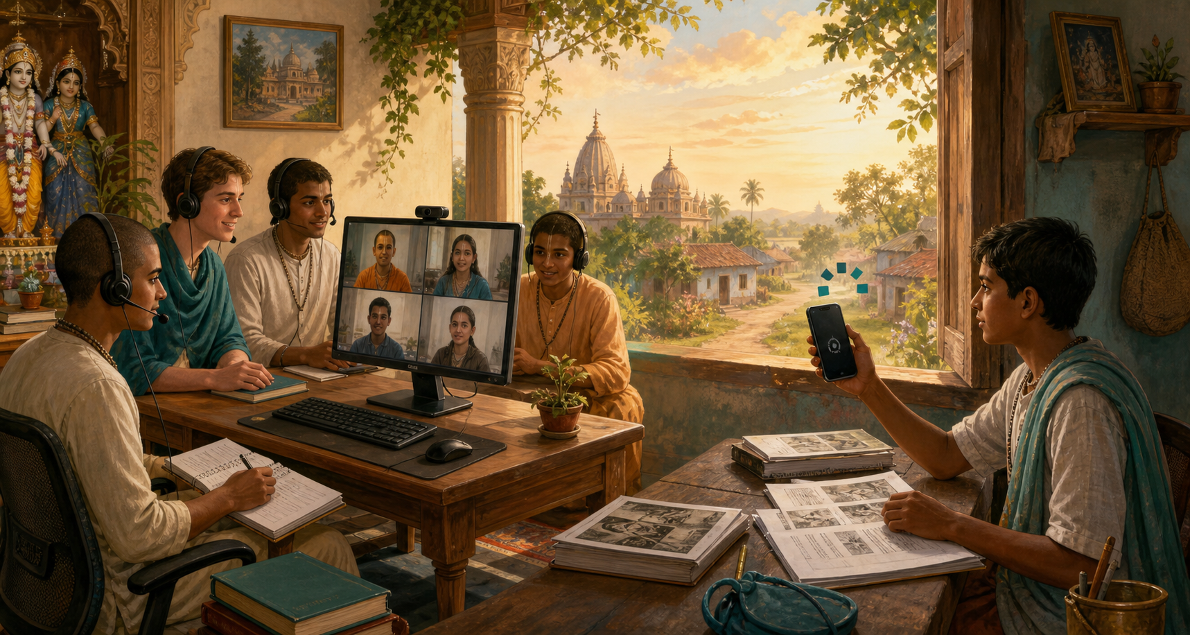 Learners join devotional education online from a well-equipped group classroom and a modest room with limited connectivity and printed backup materials.