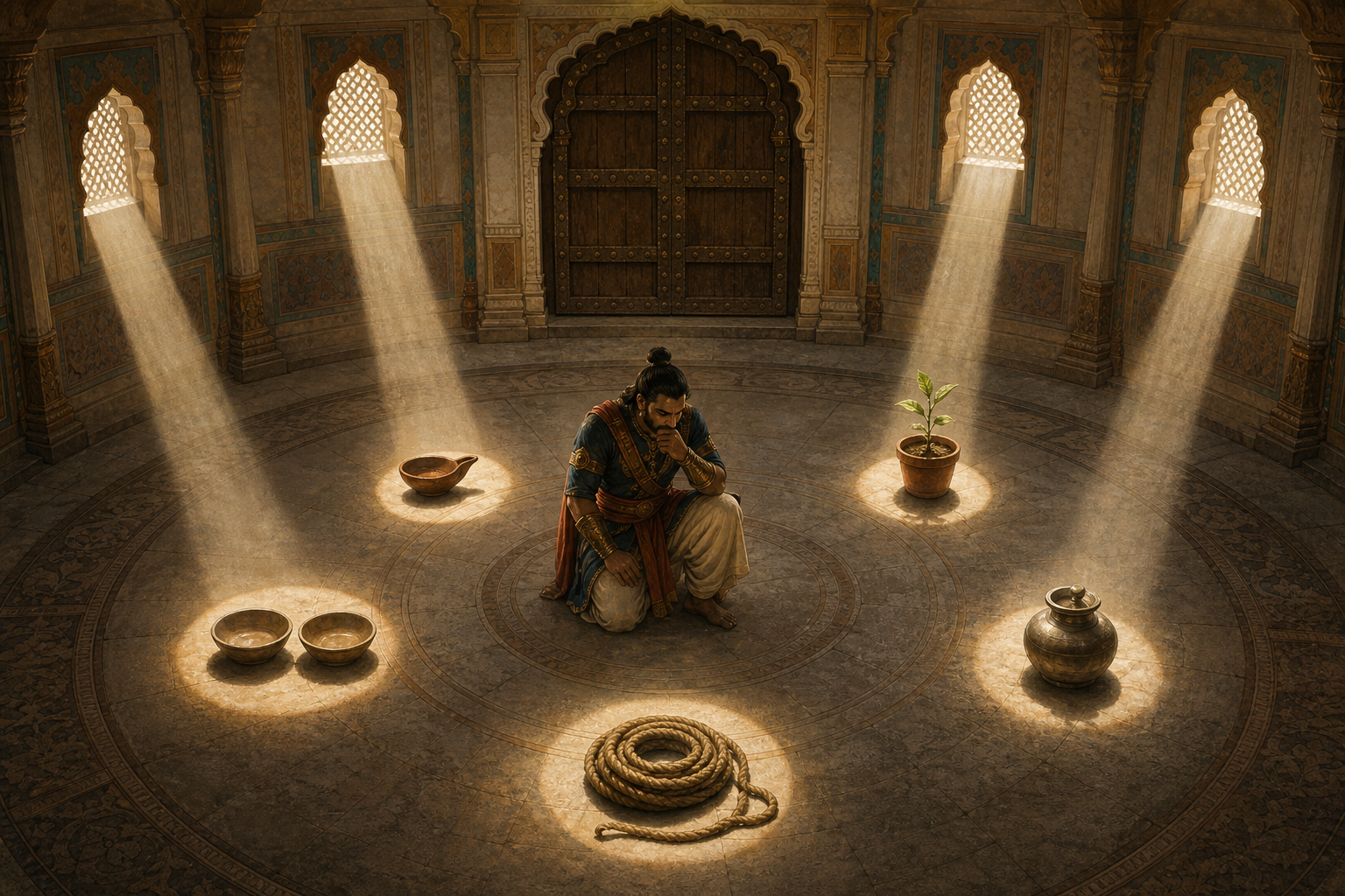 A kneeling warrior pauses before a closed gate while five objects are arranged in separate beams of light on a circular stone floor.