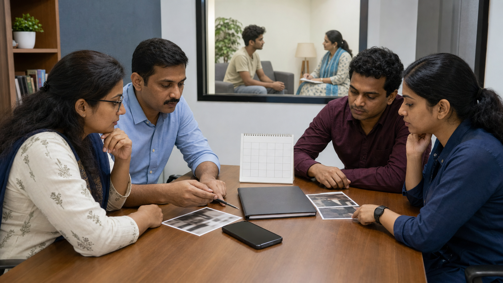 A multidisciplinary Indian intervention team reviews separate behavioural clues while a young adult speaks privately with a counsellor in an adjacent room.