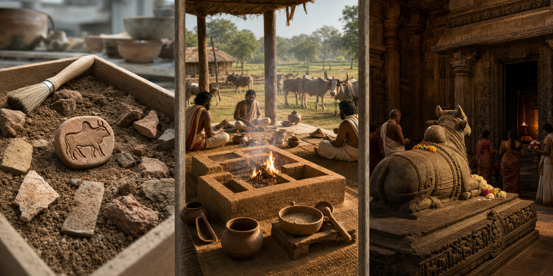 Three-part historical montage showing an excavated humped-bull impression, an early fire-ritual setting with cattle, and a stone Nandi facing a Shiva temple sanctum.