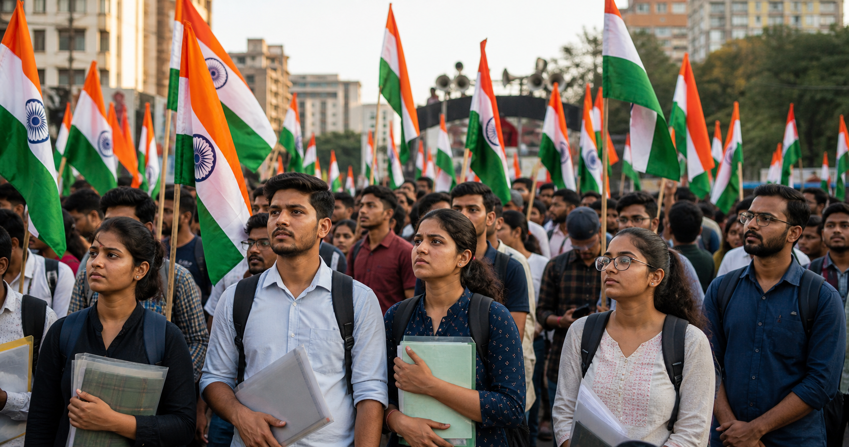 Students and job seekers gather peacefully in an Indian city while holding several tricolour flags above the crowd.