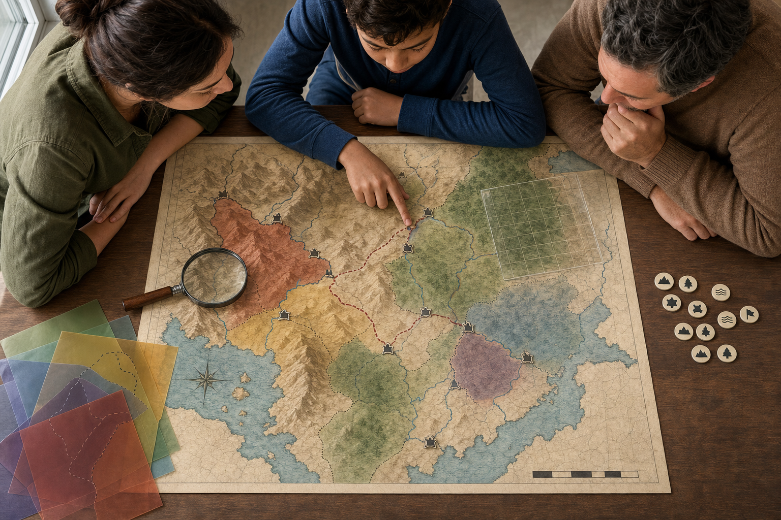 An educator, parent and student evaluate a historical map using overlays, a magnifying glass, a grid and icon-only check tokens.
