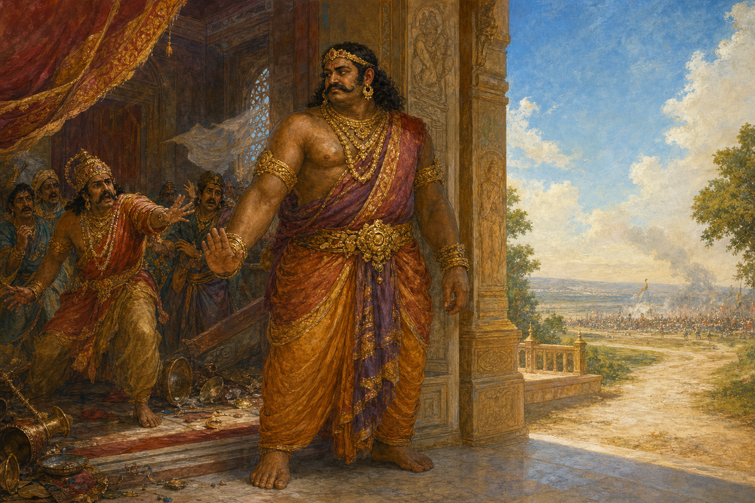 Kumbhakarna stands calmly in a palace gateway between anxious messengers behind him and a distant battlefield ahead.