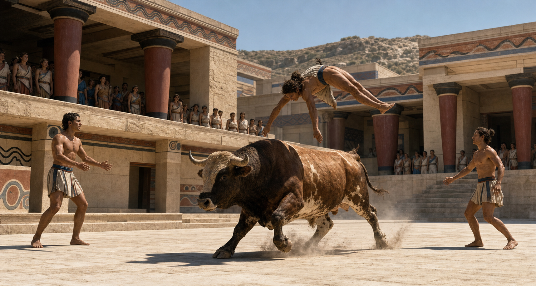 Reconstructed Minoan palace courtyard with a charging bull, an acrobat vaulting above its back, two assistants, and spectators along the surrounding architecture.