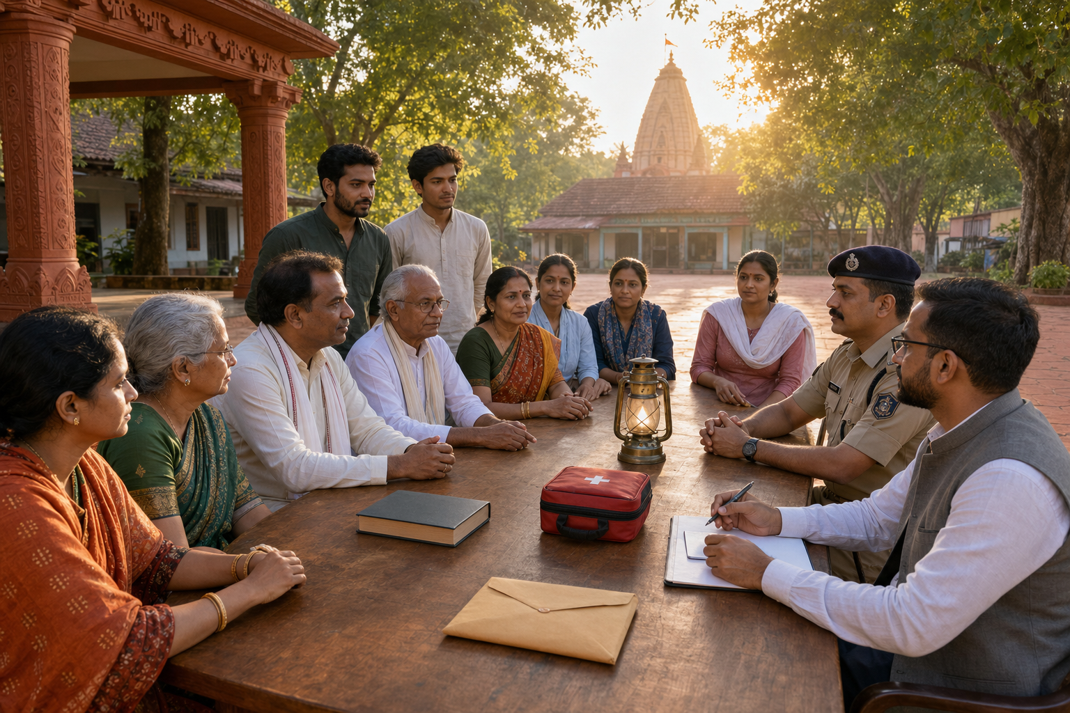 Temple committee members and community volunteers meet with a police liaison and legal adviser around a table in a Chhattisgarh courtyard.