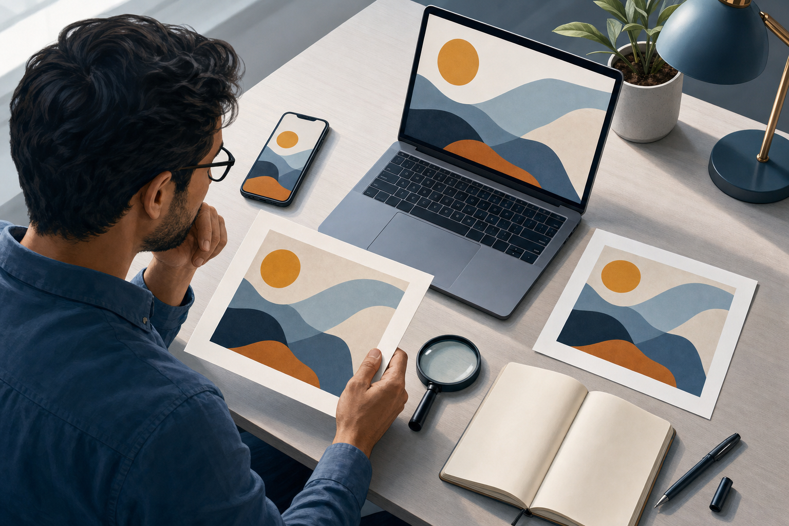 An overhead editorial illustration of a reader comparing an image across a smartphone, laptop and several printed sources at a desk.