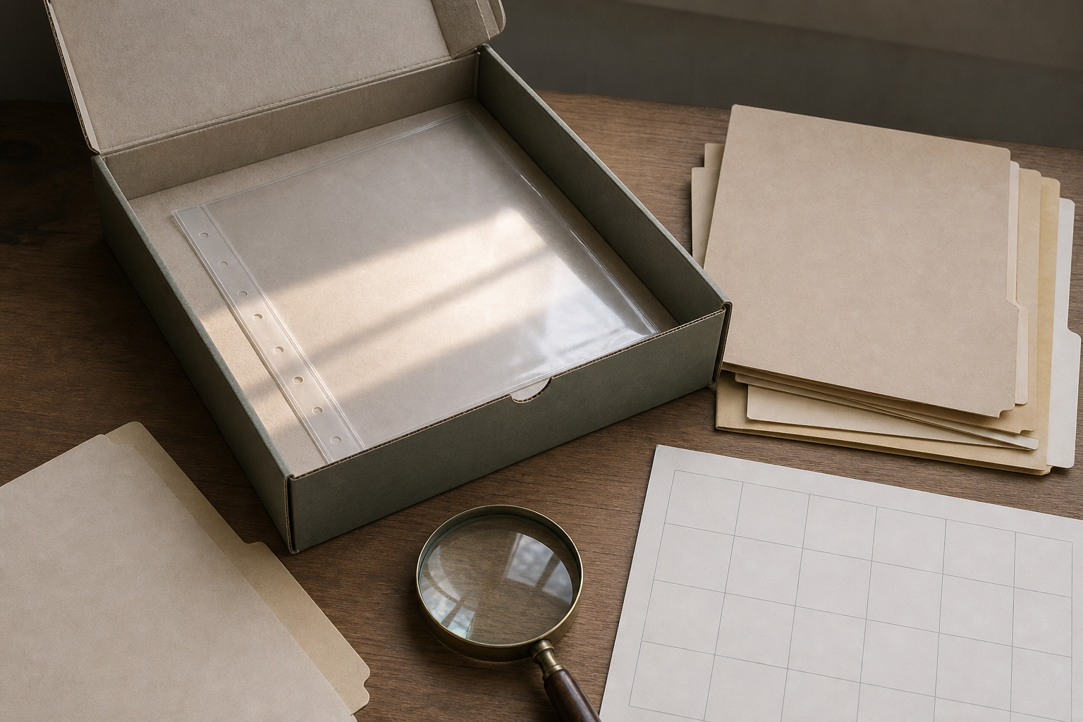 An empty archival document sleeve lies beside a magnifying glass and blank folders on a research desk.