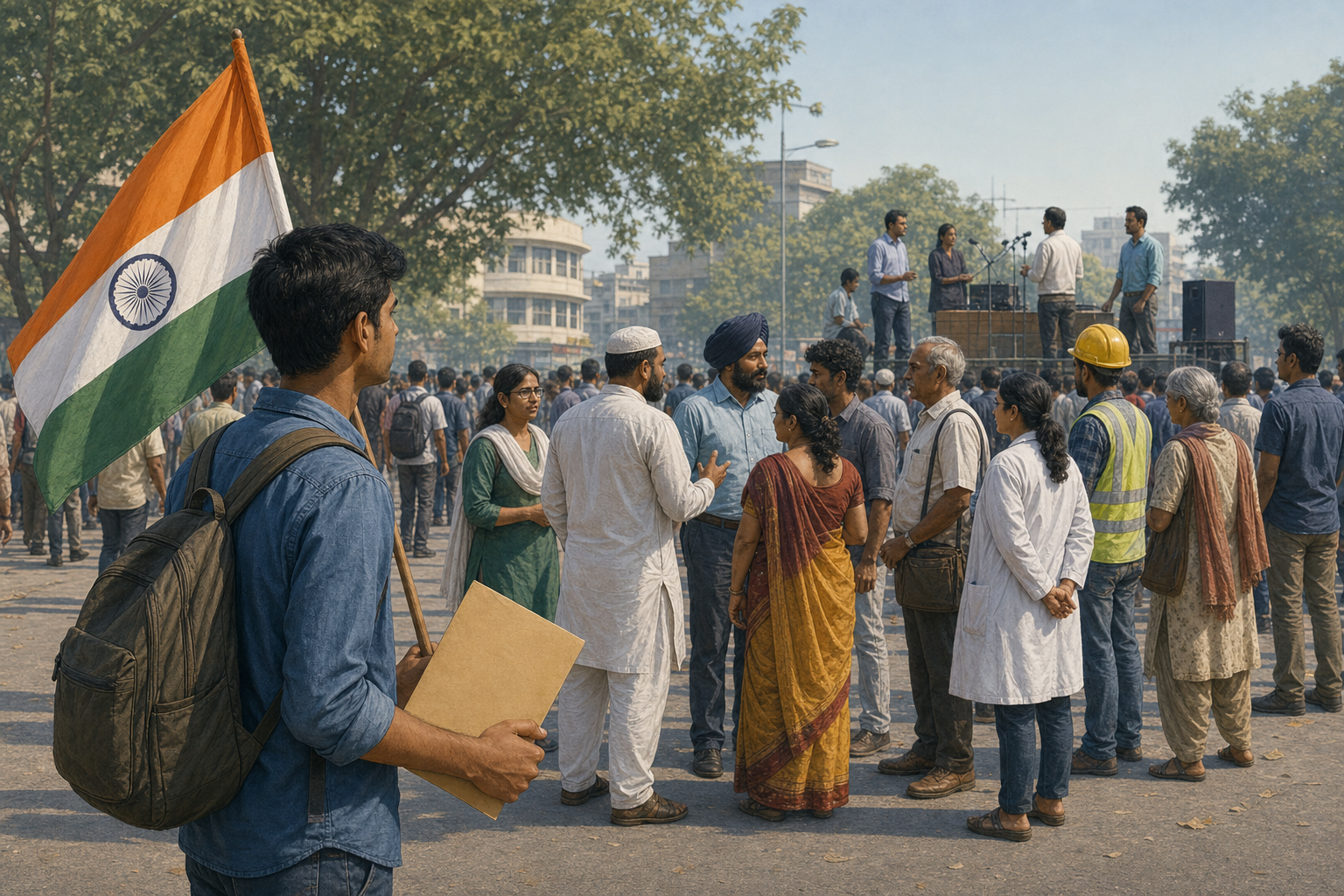 A protest scene is arranged in three depth layers, with one flag-carrying participant in front, a mixed coalition in the middle and organizers on a platform behind.