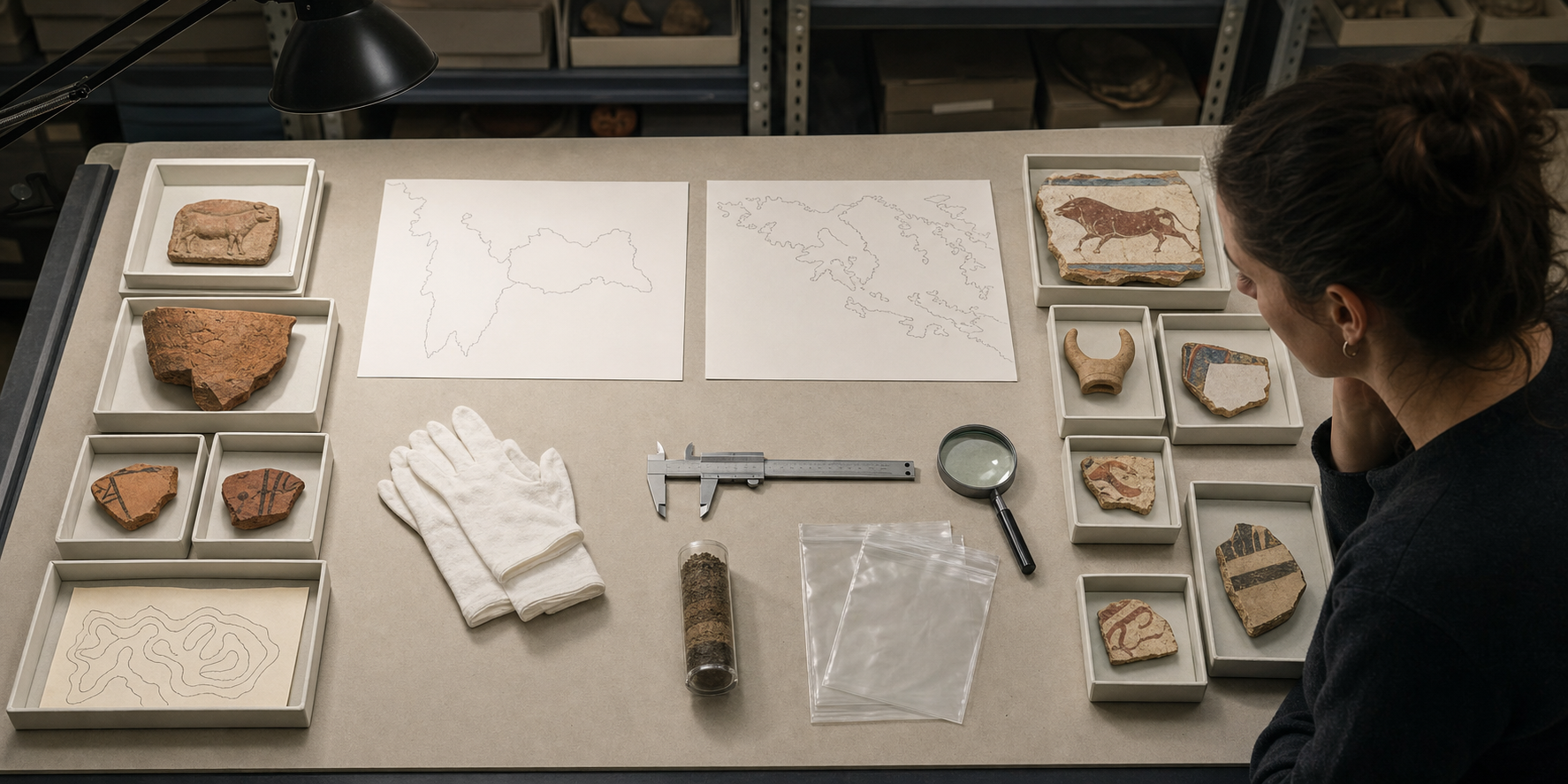 Archaeologist examining separately arranged South Asian and Cretan bull-related artifacts with calipers, a magnifying lens, soil samples, and blank maps.