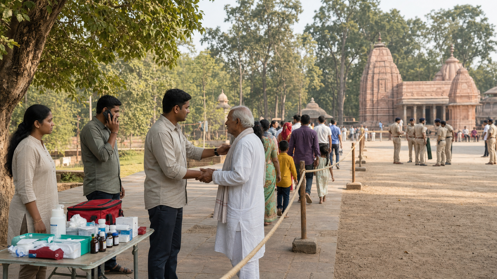Community volunteers assist visitors near a temple while police officers handle a separate secured area.