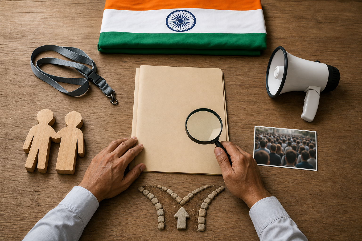 An overhead table displays six separate groups of protest-related objects beside a folded Indian tricolour and a magnifying glass.