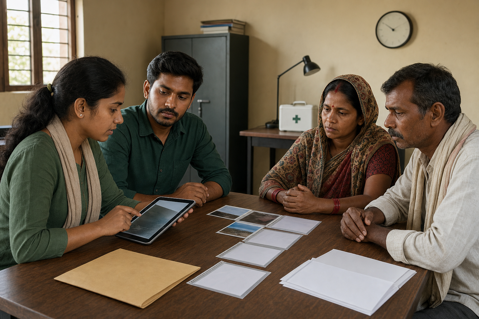 Volunteers help a family organize photographs and preserve evidence at a community office table.