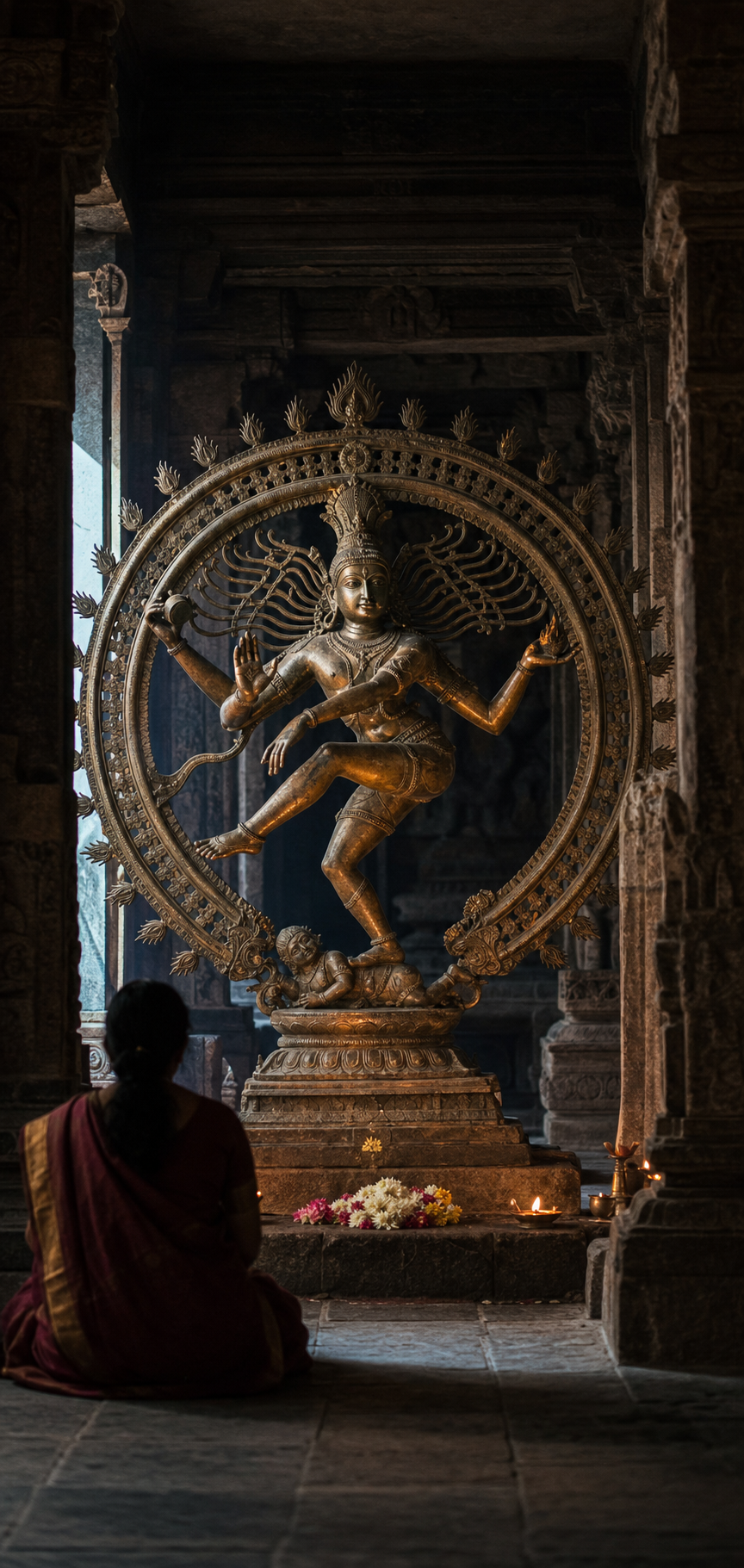 A visitor quietly observes a bronze Nataraja surrounded by oil lamps and stone pillars inside a temple.