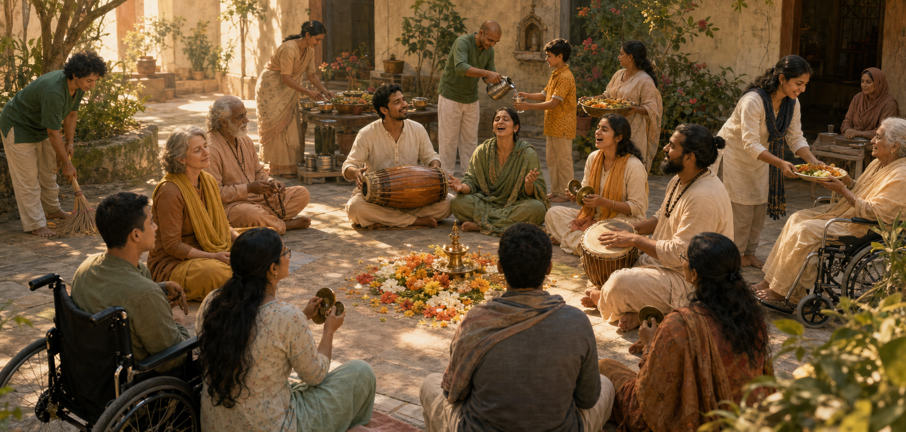 A diverse group chants, listens, prepares food, serves water, and cleans together in a sunlit devotional courtyard.