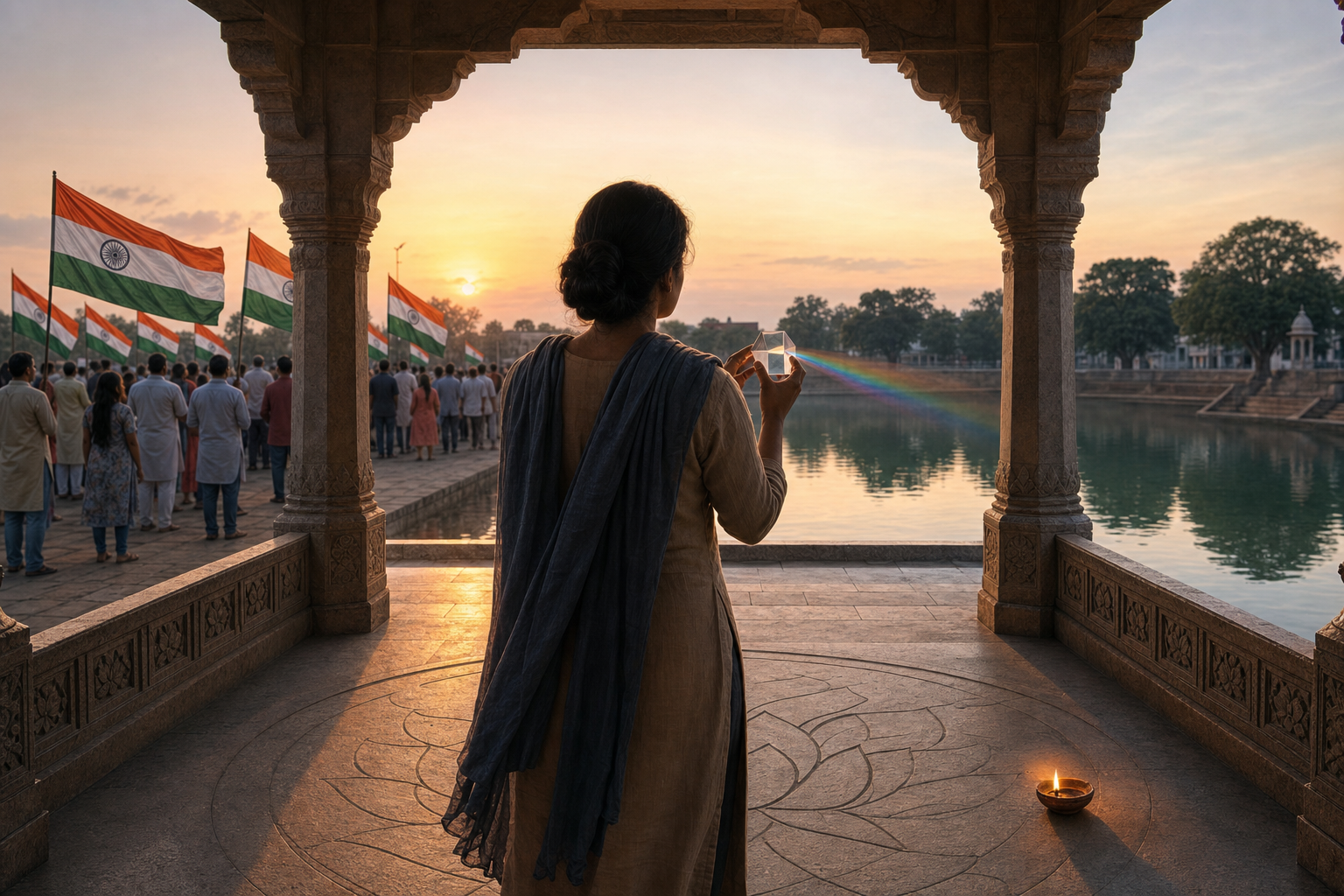 An observer holding a glass prism stands between a peaceful flag-carrying crowd and a reflecting pool in a stone pavilion at dusk.