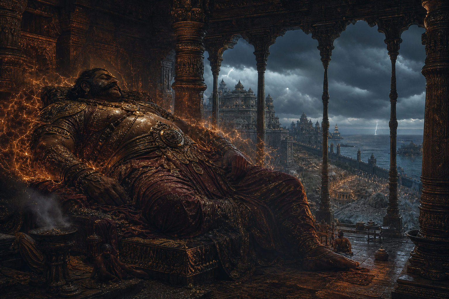 The giant warrior Kumbhakarna sleeps inside a pillared chamber while the exposed fortifications of Lanka stand beneath storm clouds outside.