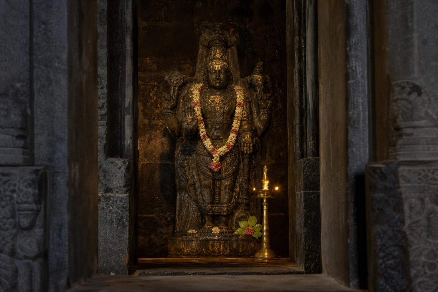 A garlanded stone murti with symbolic gestures stands in a lamp-lit temple niche prepared for worship.