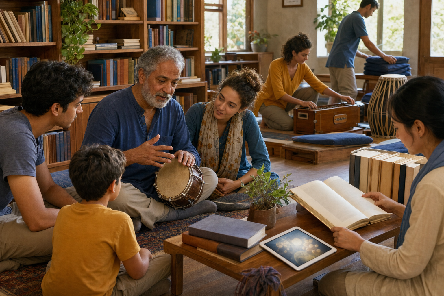 An older devotee teaches young participants to play a hand drum in a library and community music room with books and a tablet nearby.