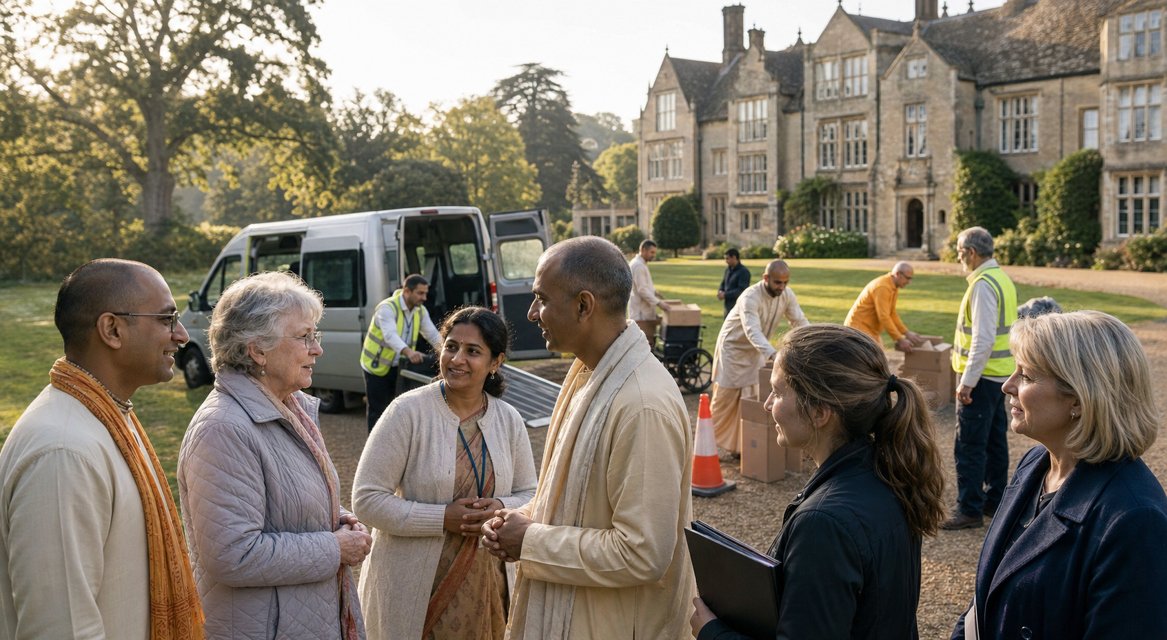 Temple volunteers, charity workers and public-service representatives meet with an older neighbour outside a Hindu community on an English country estate.