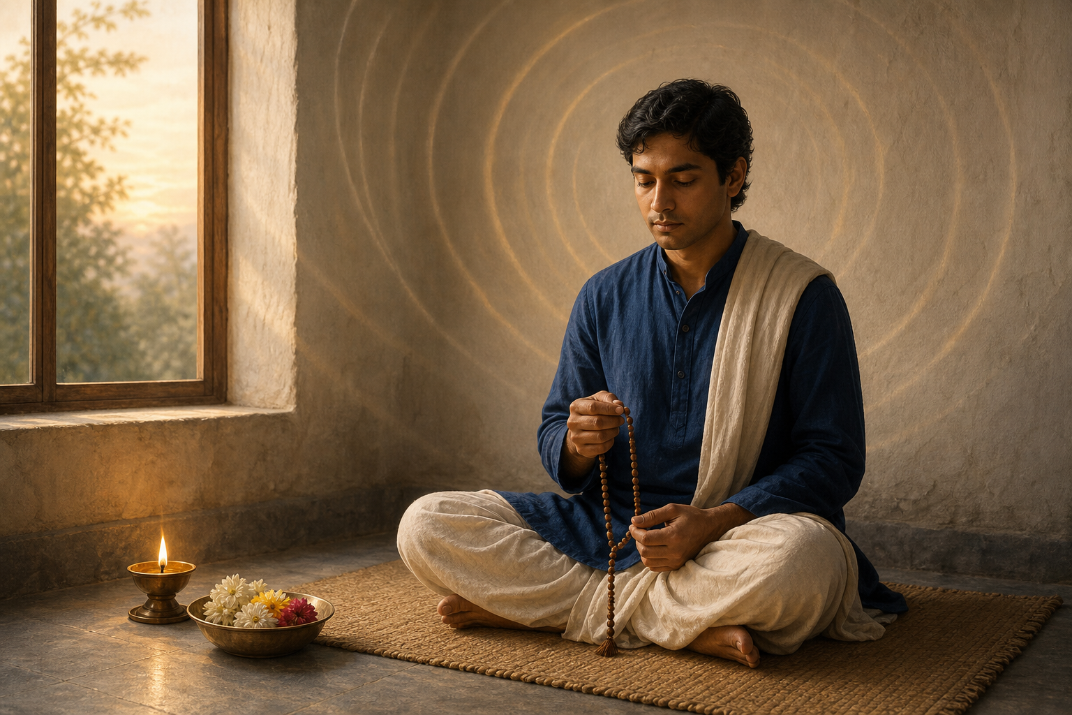 A seated devotee chants quietly with prayer beads beside flowers and an oil lamp in the morning light.