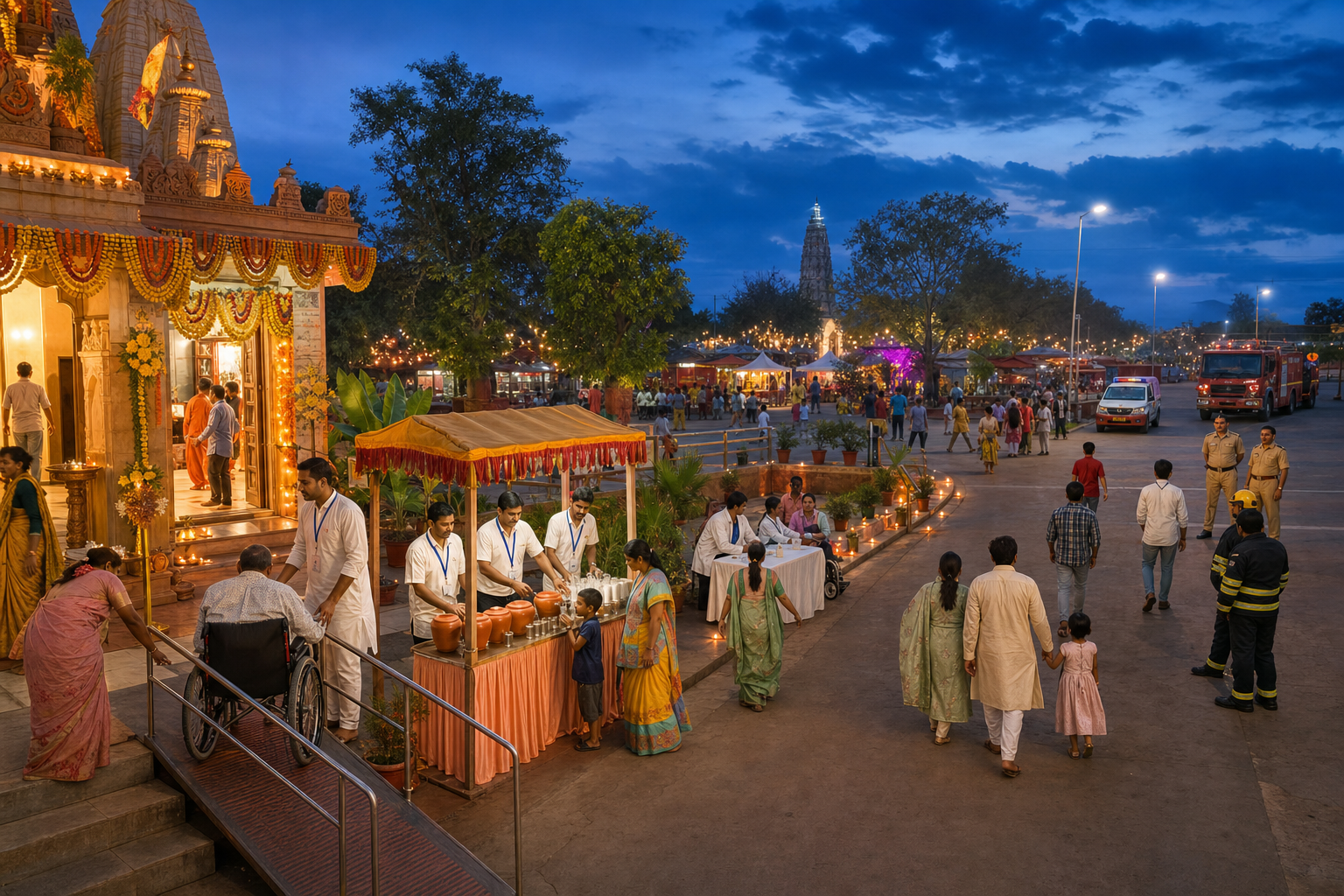 Families attend an orderly evening temple festival with volunteer assistance stations and an open emergency route.