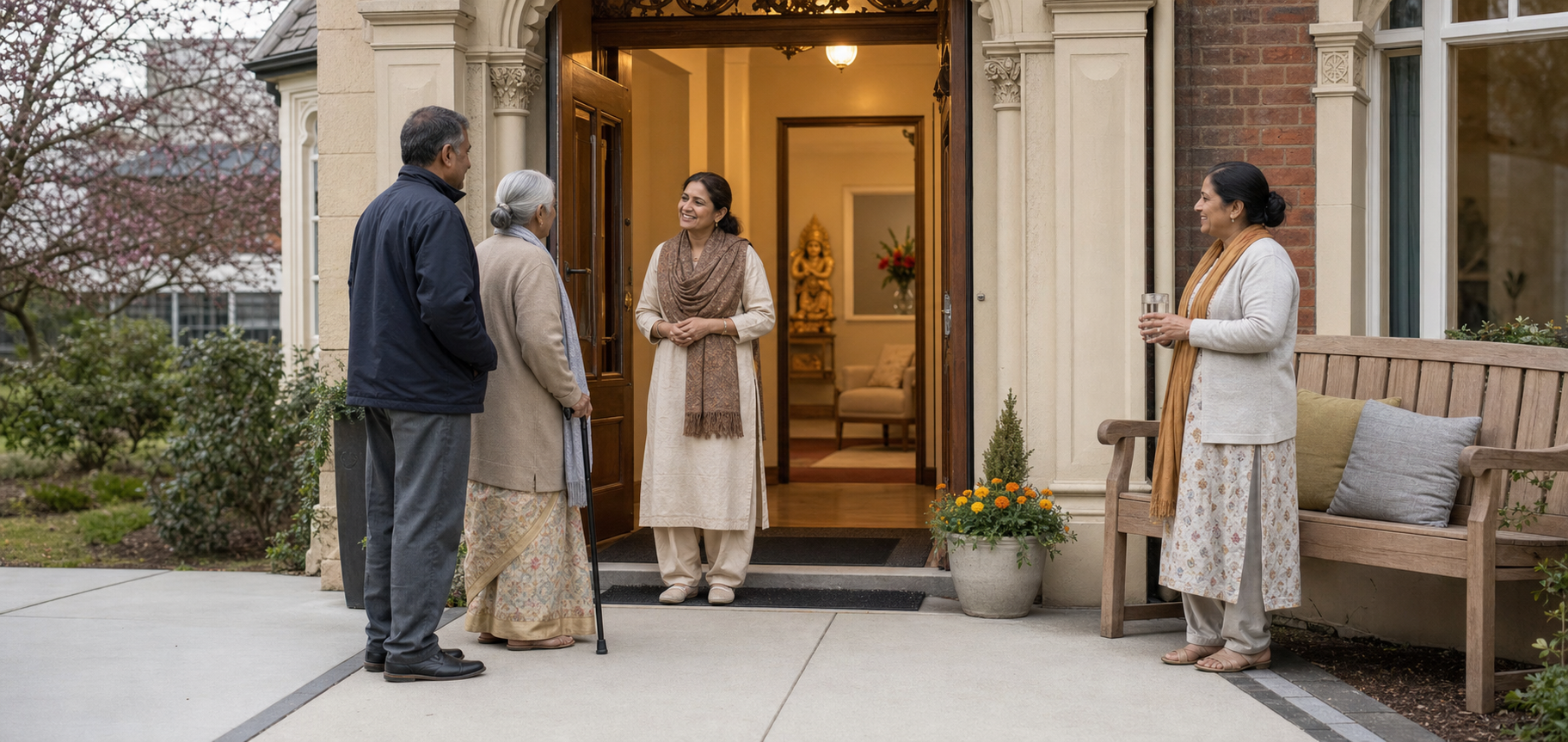 A temple volunteer welcomes a neighbour and an older relative at a step-free reception entrance with a private room visible inside.