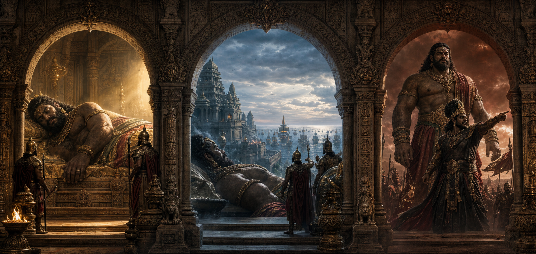 Three stone archways show Kumbhakarna asleep as contained power, absent while Lanka faces attack, and awake behind a ruler directing him toward war.