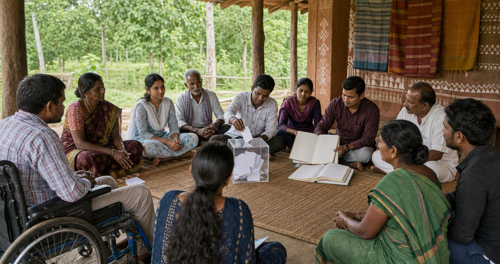 A diverse community council sits in a circle with blank ledgers and a transparent feedback box in Chhattisgarh.