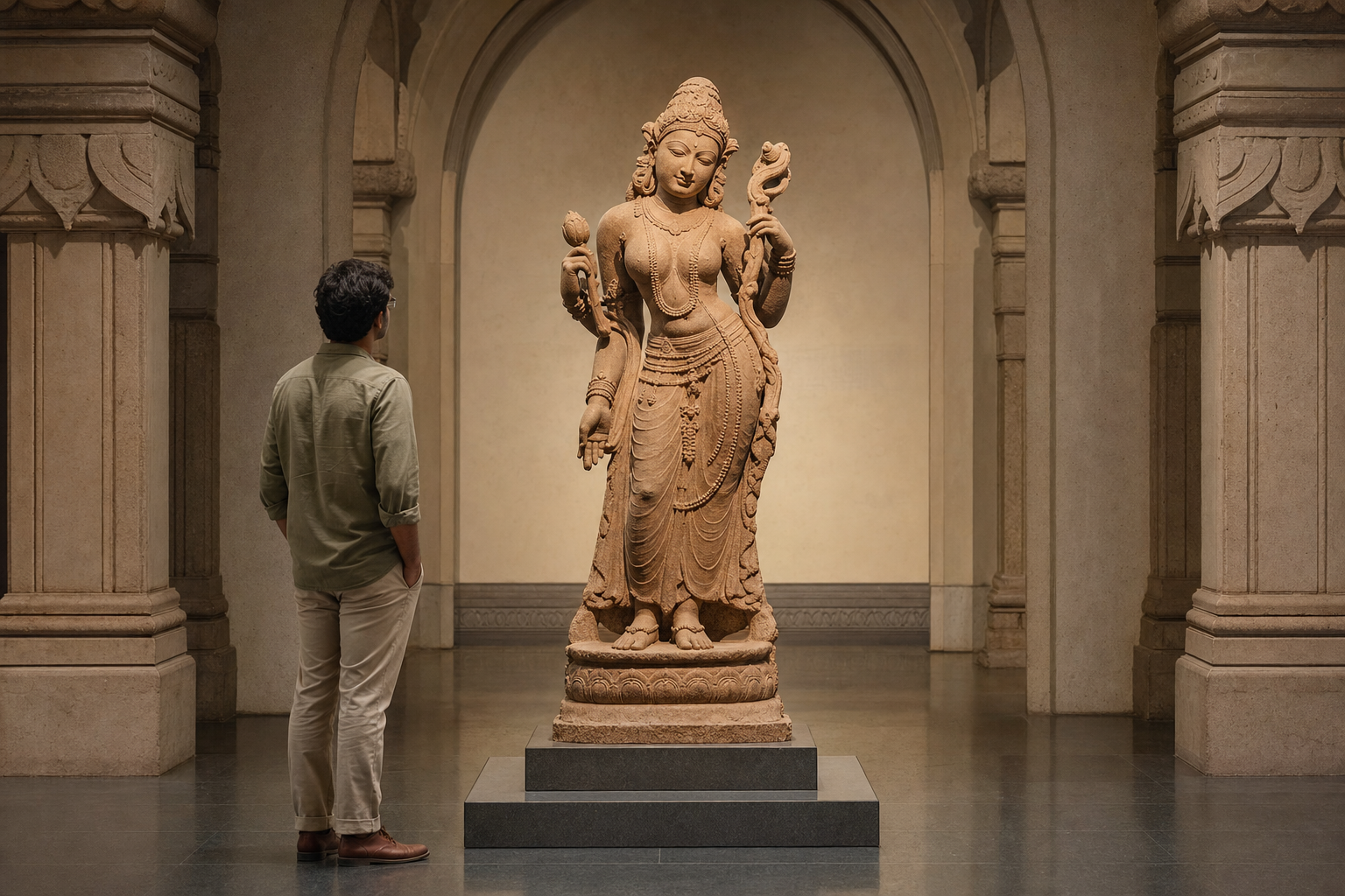 A viewer studies the proportions, posture, gestures, expression, ornament, and surface of a standing sandstone sculpture.