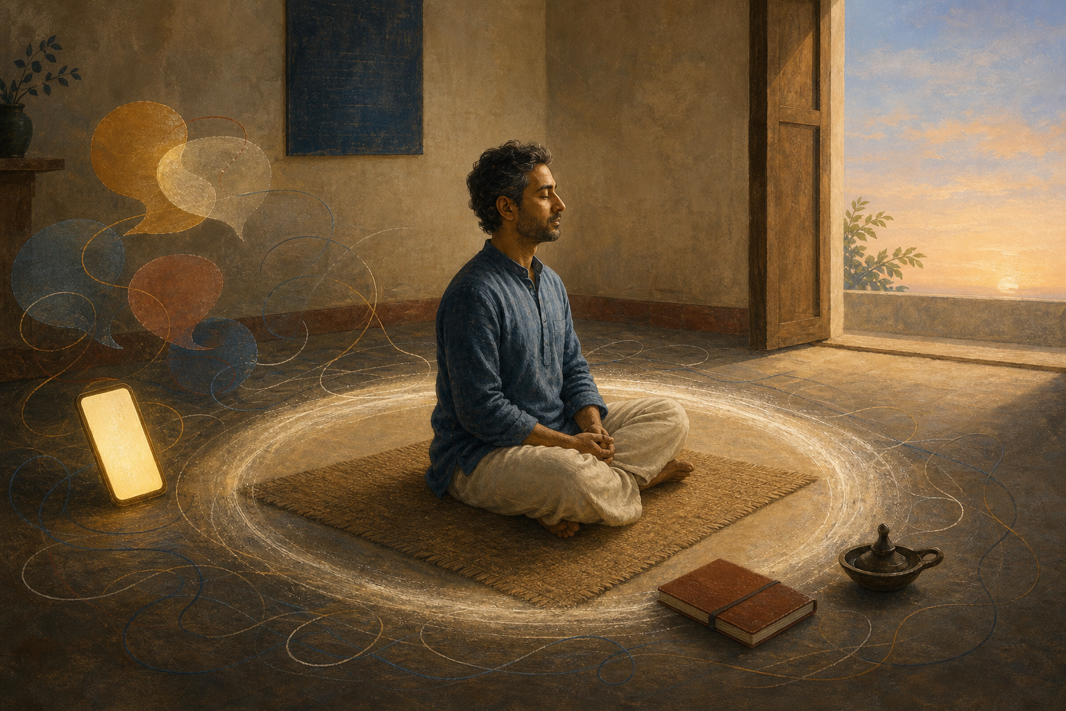 An adult meditates on a woven mat as translucent shapes of everyday distraction settle around them and an open doorway reveals the morning sky.