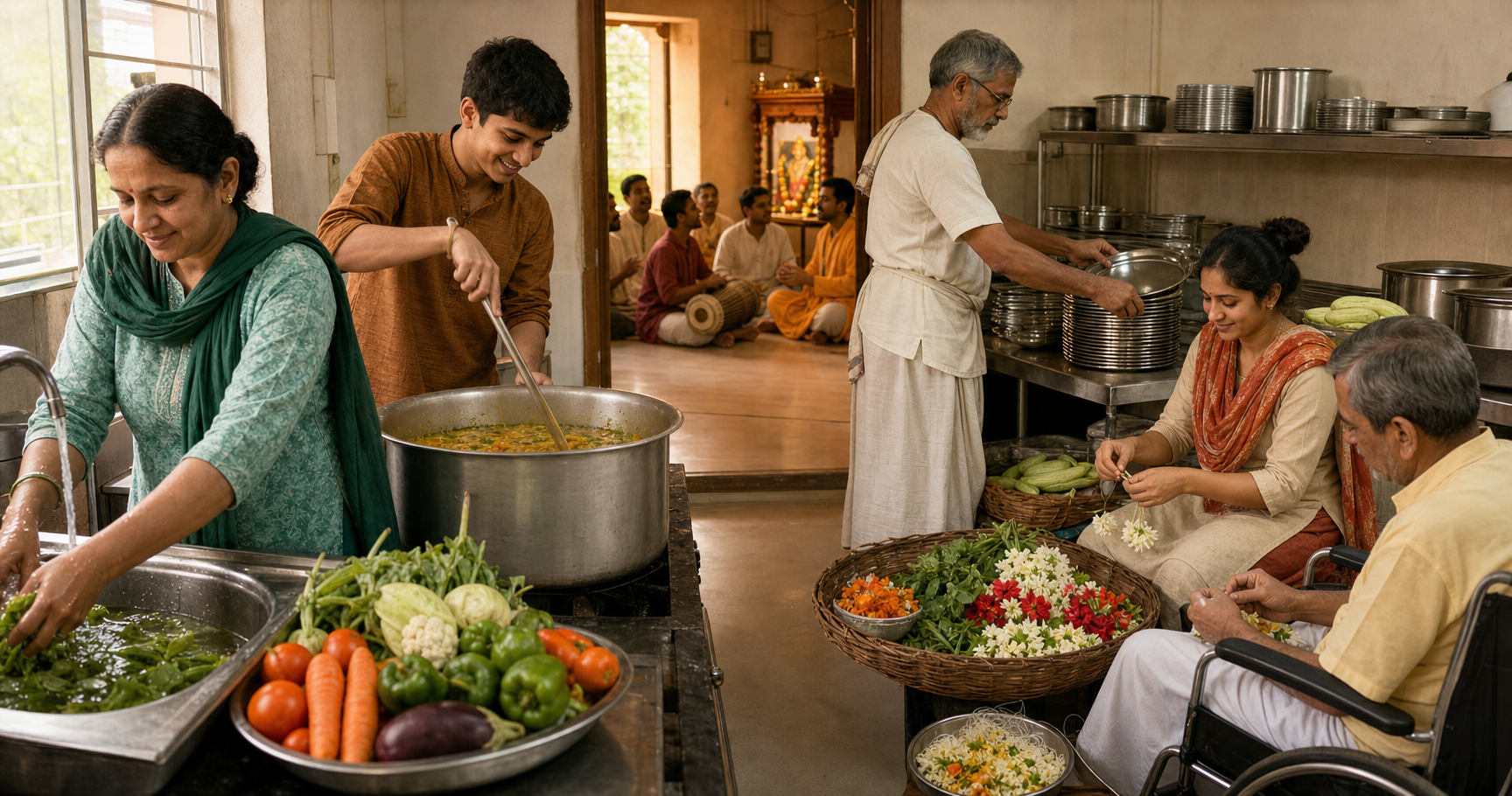 Volunteers wash vegetables, cook food, stack plates, and arrange flowers in a community kitchen beside a chanting gathering.