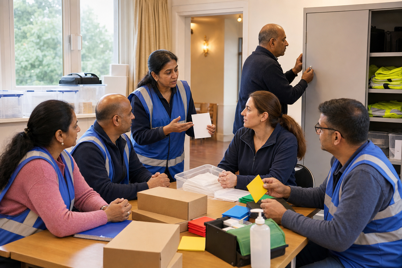 Volunteers conduct a structured shift handover beside organised supplies, first-aid equipment and a locked storage cabinet.